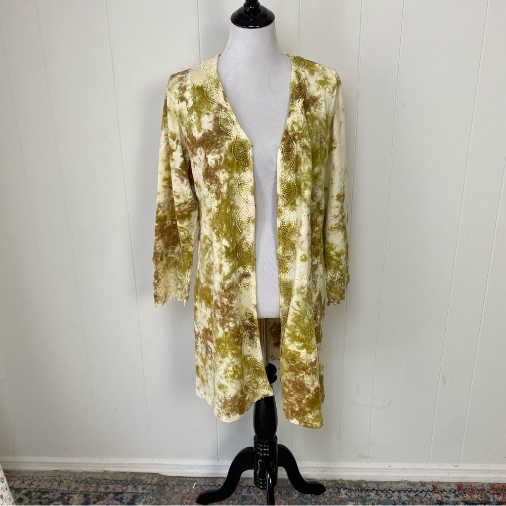 LOGO Lori Goldstein Lavish Cream Brown Tie-Dye Crochet Lace Duster Pockets Sz M - Picture 2 of 16